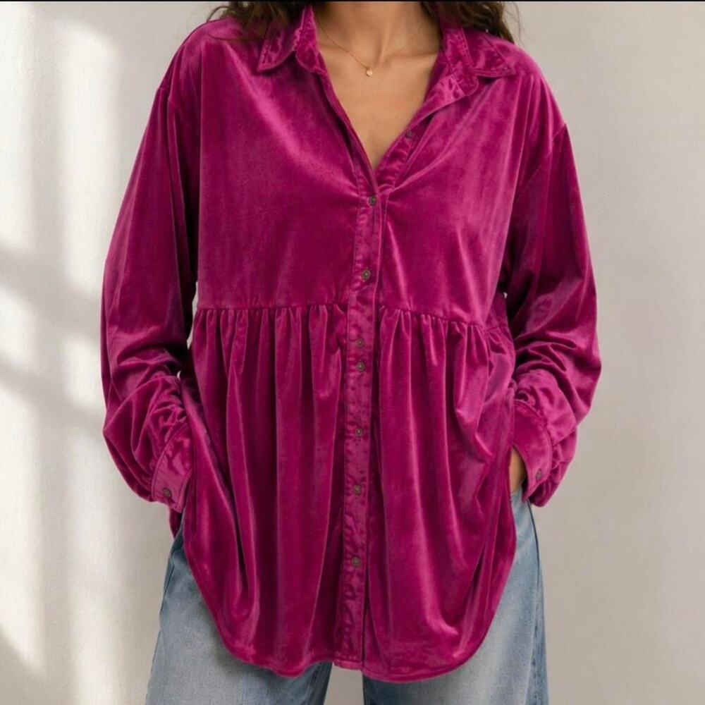 Ungee Velvet Button Fornt Babydoll Blouse Plus Size 1X Long Sleeves Oversized